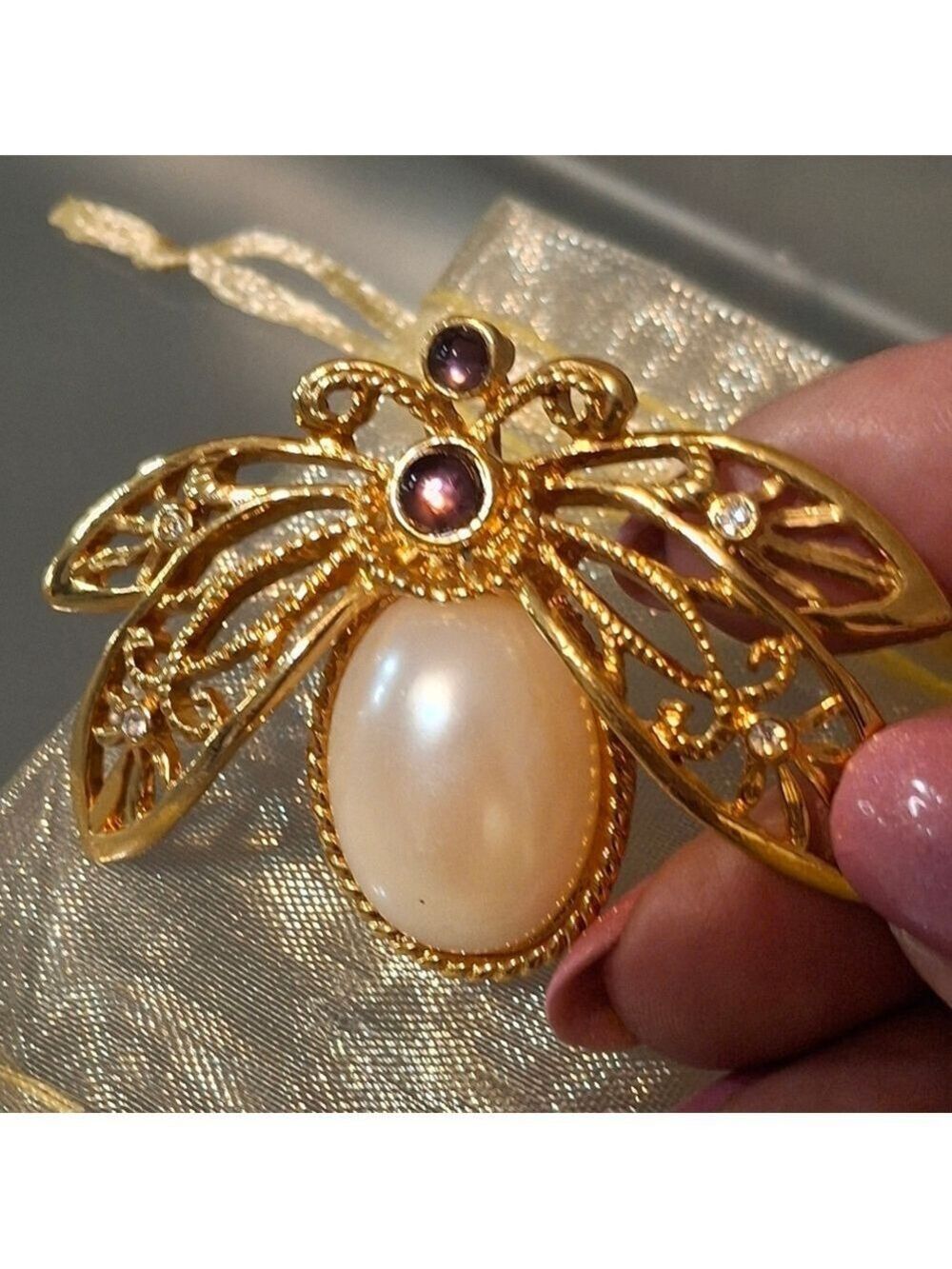 Avon Gold and Cream "Nature's Flight" Bee Brooch with Pearl Accent Vintage